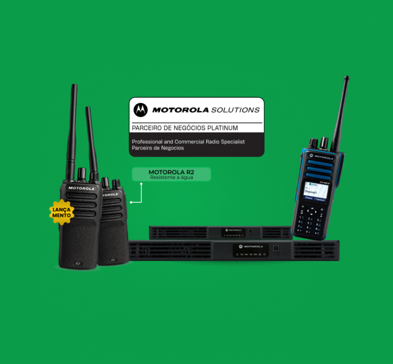 Rádios Motorola R2 e DGP e repetidoras, com selo de Parceiro Platinum Motorola Solutions
